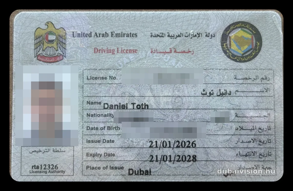 Tóth Dániel, a DubaiVision alapítójának saját dubaji (RTA) jogosítványa